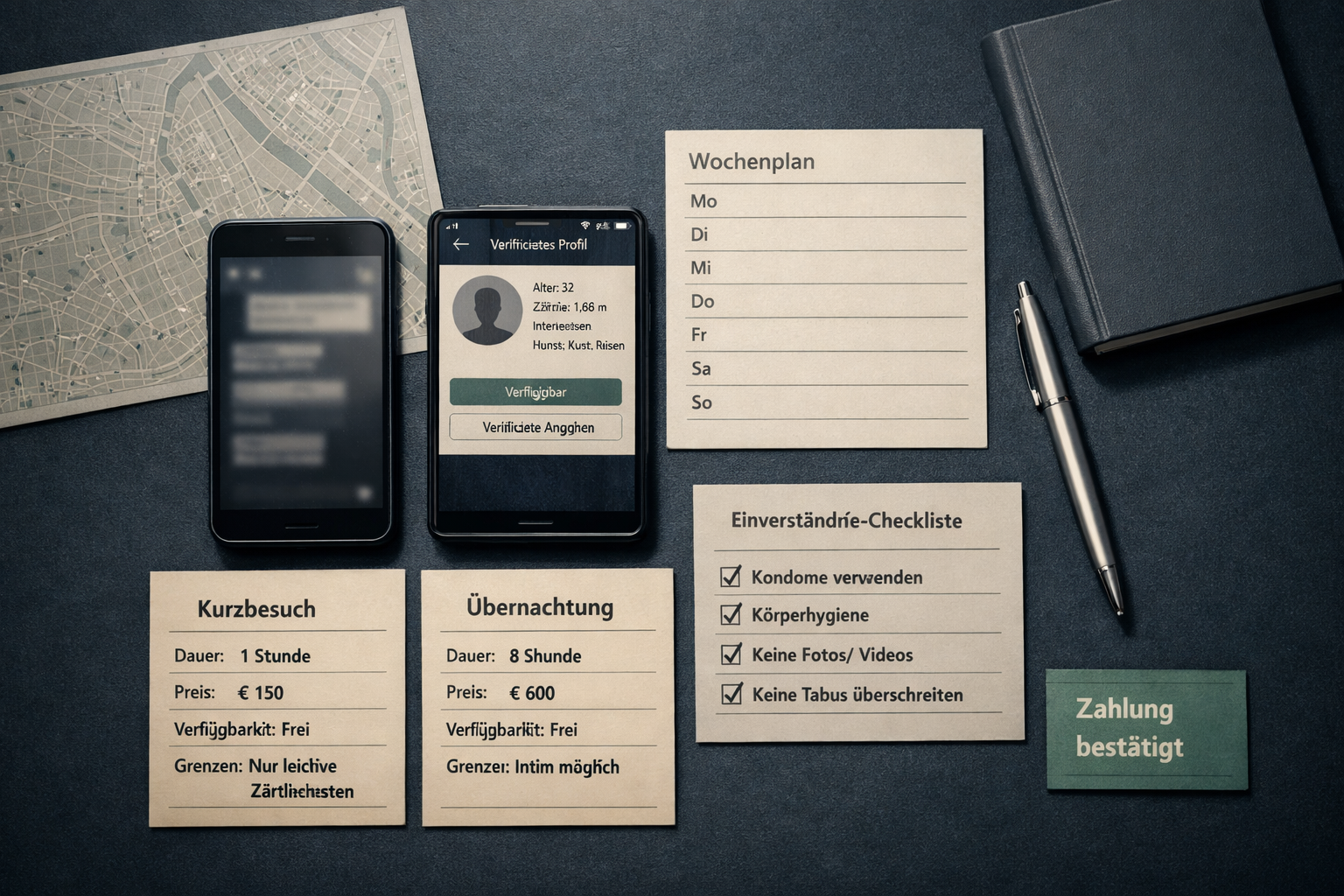Flatlay mit Smartphone, Wien-Karte, Kalender und Buchungskarten für geprüfte Sex kontakte; Einwilligung und Zahlung bestätigt.