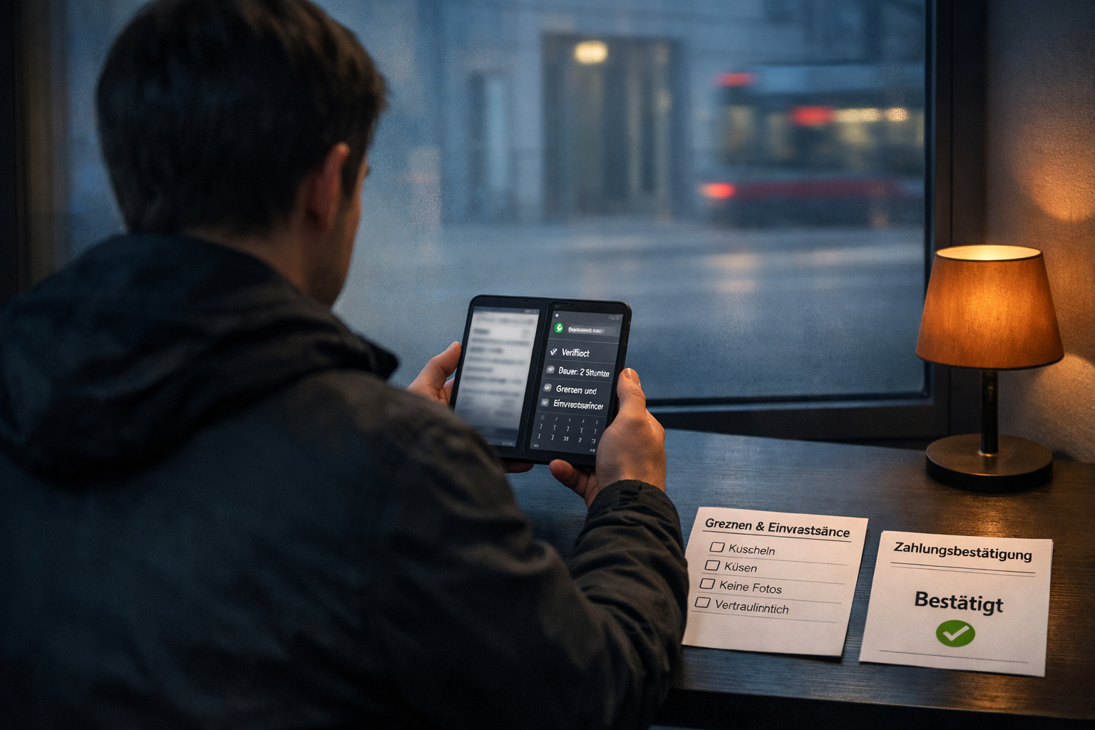 Sex kontakte: Person von hinten prüft am Tisch eine verifizierte Buchung mit Einverständnis-Checkliste in Wiener Lobby.