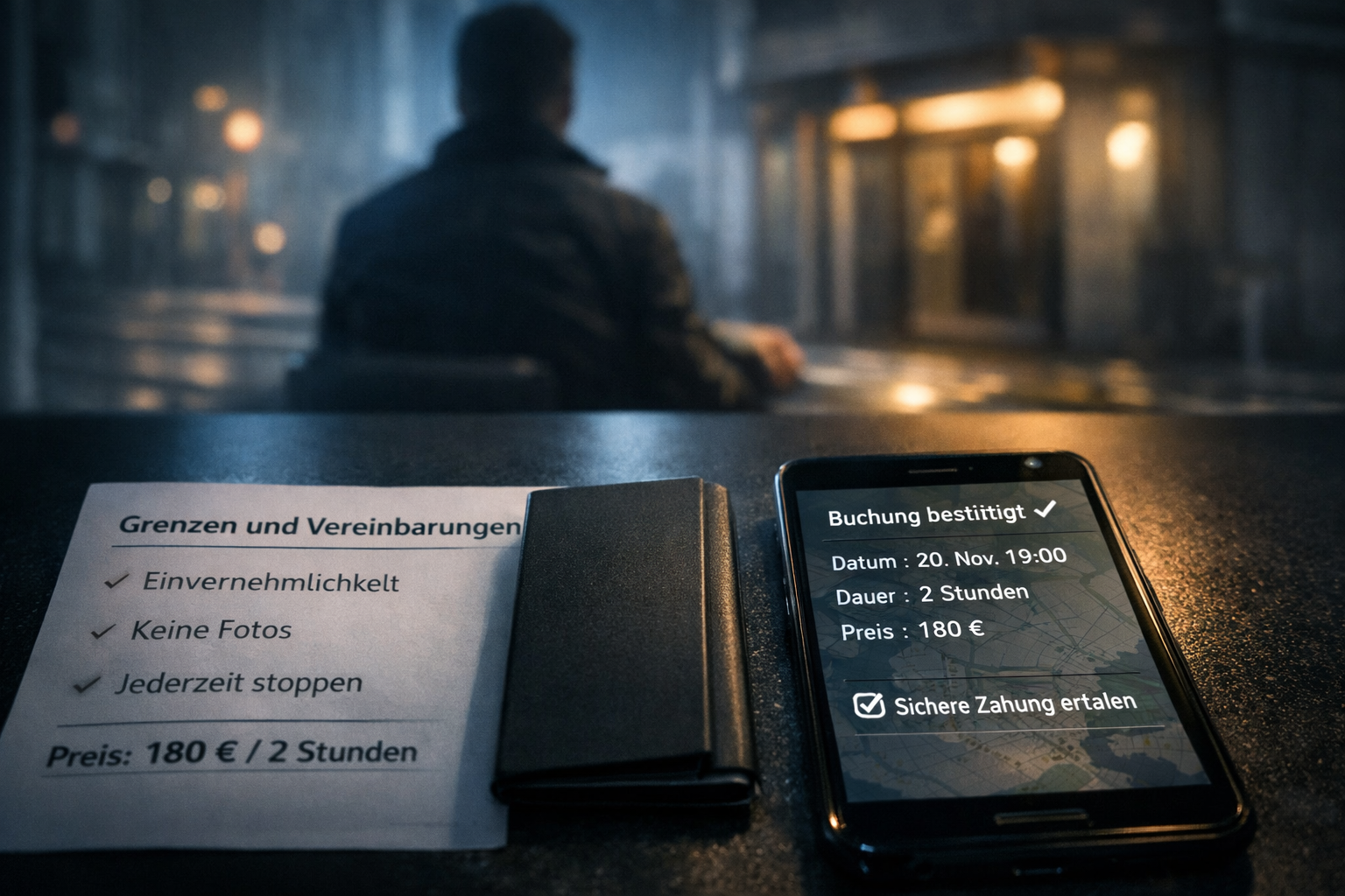 Sex kontakte: Smartphone mit Wiener Terminbestätigung, Einverständnis-Checkliste und anonymem, bekleidetem Profil vor neutralem Treffpunkt.