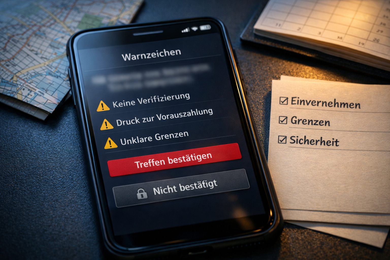 Smartphone mit Wiener Sicherheitswarnungen, Karte und Checkliste zu Grenzen und Sicherheit; „Sex kontakte“ sichtbar.