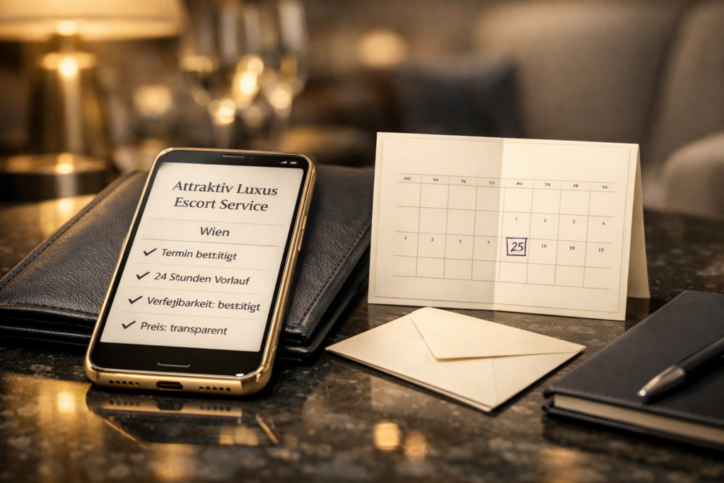 Smartphone mit Bestu00e4tigung fu00fcr Atraktiv luxus Escort Service in Wien neben markiertem Terminkalender im Hotellounge-Ambiente.