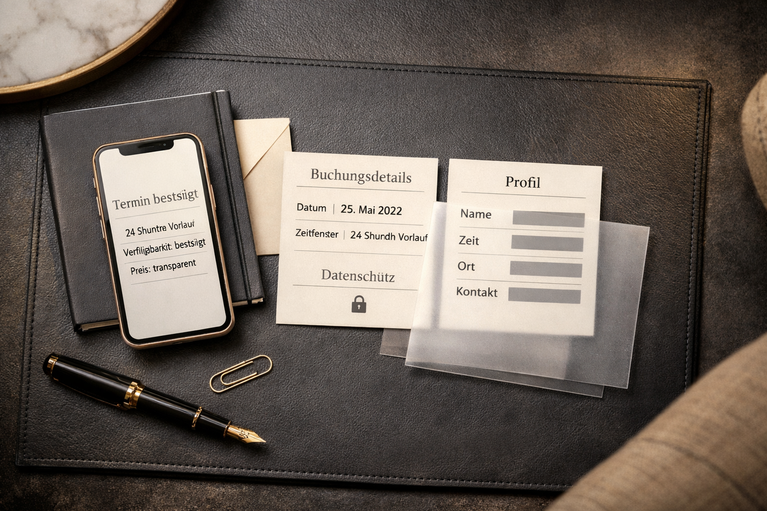 Flache Buchungsunterlagen mit Datenschutzkarten, Smartphone und Notizbuch in eleganter Wiener Hotellounge – Atraktiv luxus Escort Service