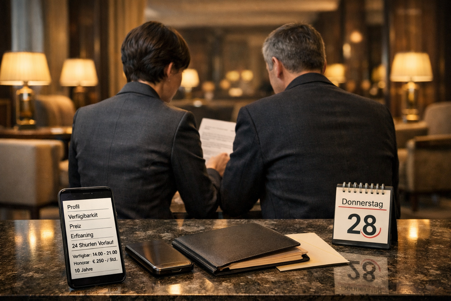 Wiener Hotellounge mit zwei anonymen Erwachsenen, Smartphone und Terminplanung; Atraktiv luxus Escort Service.