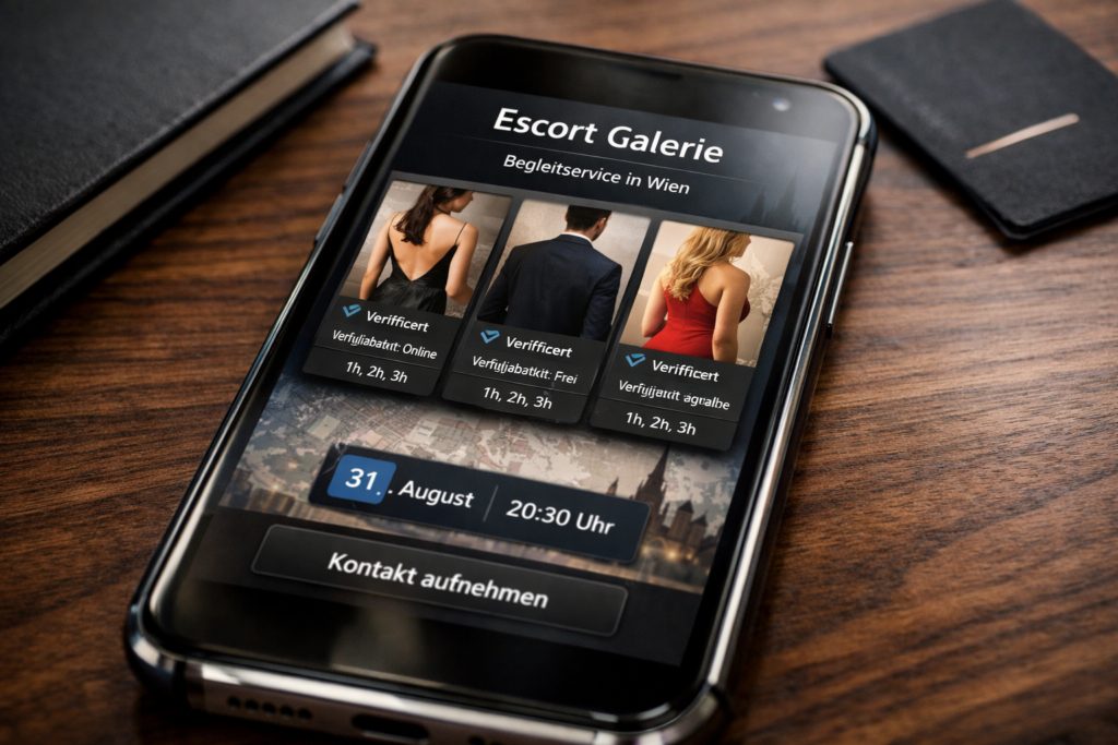 Smartphone mit u201eEscort Galerieu201c, Wiener Escort-Profilen, Kalender und Karte auf dunklem Walnussholz; Escort galerie fu00fcr escort begleid service