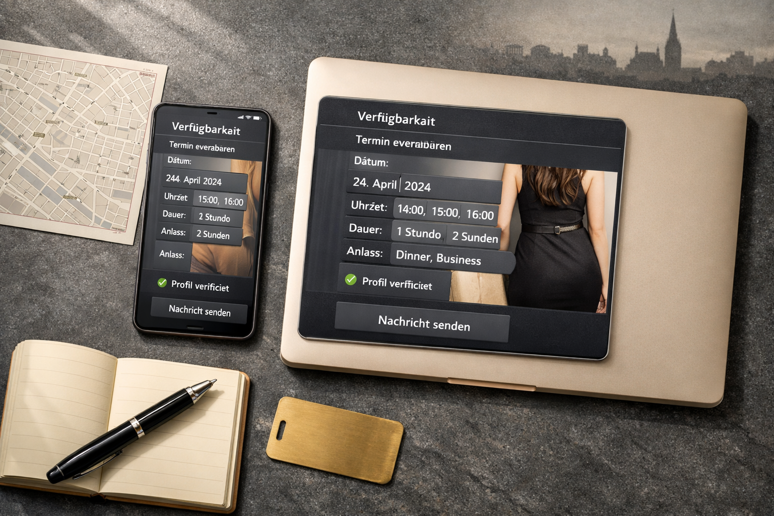 Flatlay mit Smartphone, Laptop und Kalender zur diskreten Terminplanung in Wien, inklusive „Escort galerie für escort begleid service“.