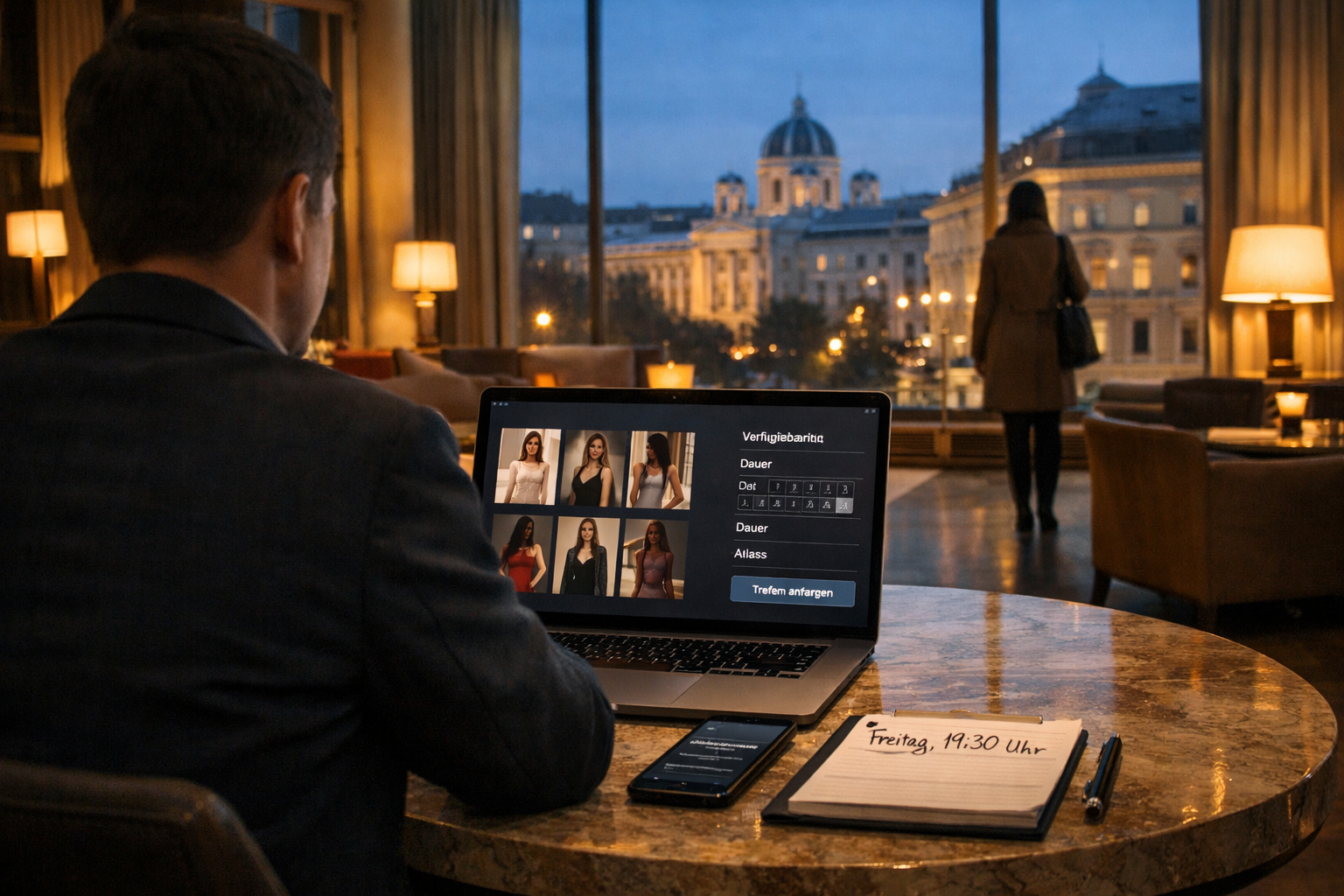 Wiener Hotellounge: Diskrete Buchung am Laptop mit Kalender und Stadtblick; Escort galerie für escort begleid service.