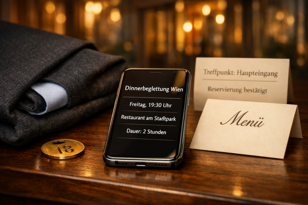 Dinnerbegleitung Wien: Smartphone mit Restaurantbestu00e4tigung neben Dinnerjackett, Menu00fc und Messingmarke; Restaurant im Hintergrund.