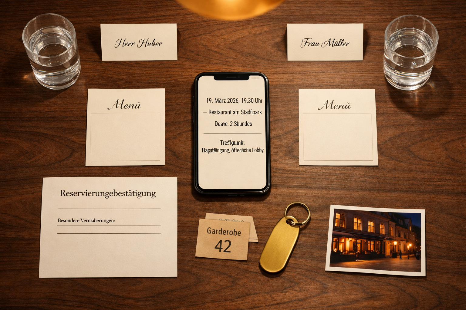 Überblick einer Wiener Dinnerplanung mit Reservierung, getrennten Platzkarten und Begleidung für Dinner auf dunklem Walnussholz.