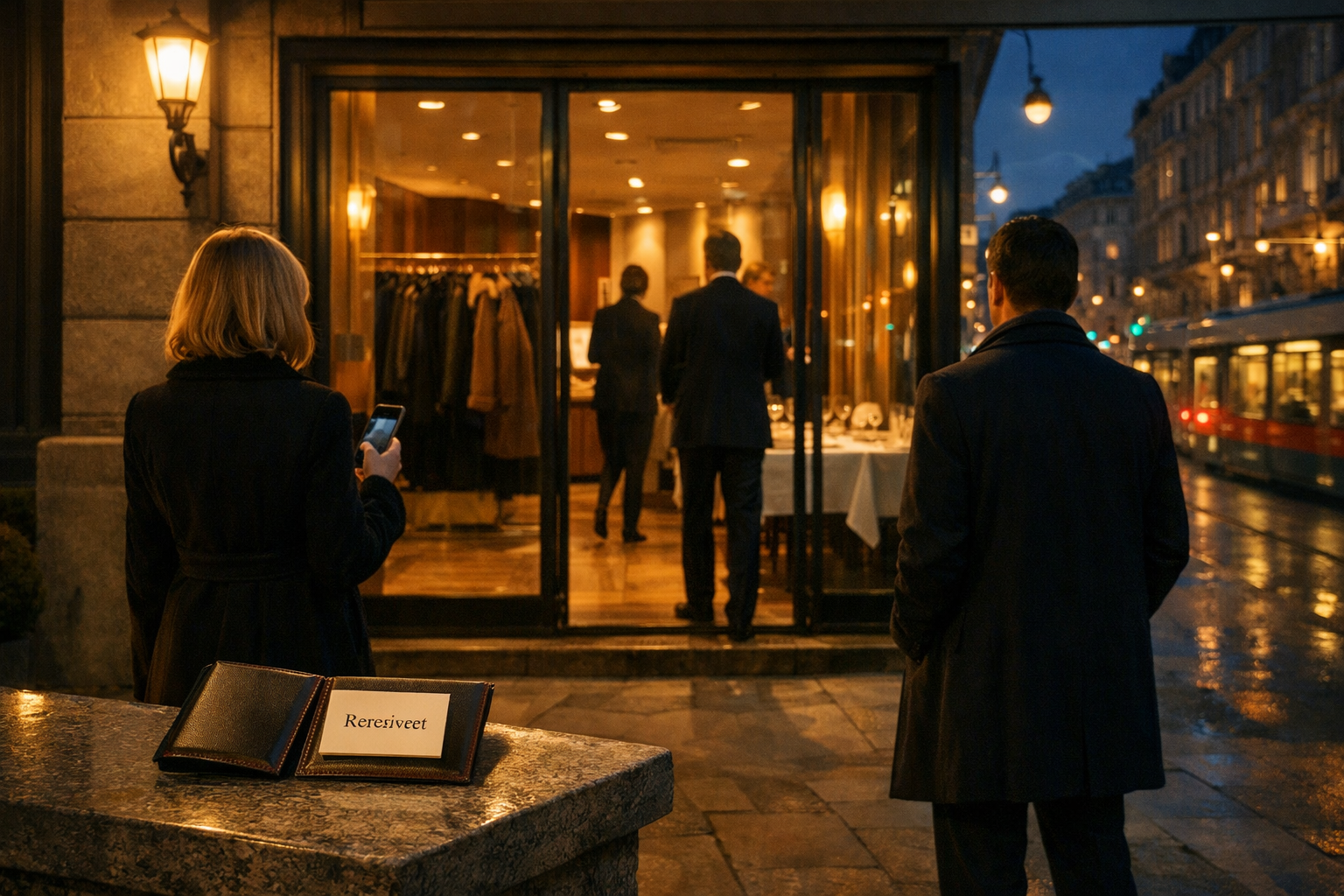 Wiener Abend: Begleitung für Dinner trifft vor Restaurant ein; Eingang, Garderobe und gedeckter Tisch im warmen Licht.