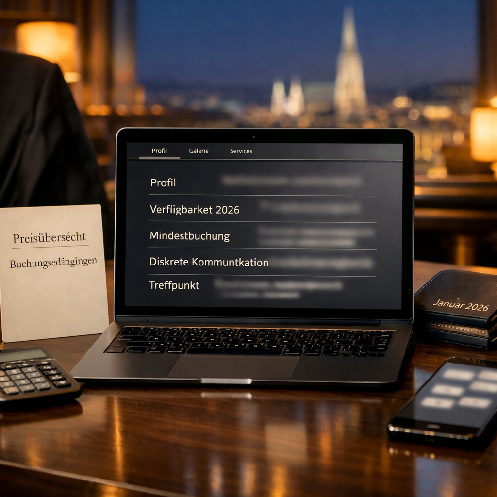 Laptop mit deutscher Profilseite u201eBeste Gu00fcnstige escort in Wienu201c, Buchungsnotizen, Kalender und Wiener Abendkulisse am Schreibtisch.