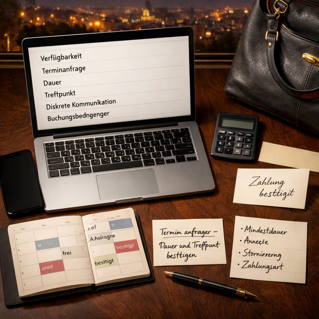 Flatlay im Wiener Hotel: Laptop mit Buchungsdaten, Kalender, Notizen und Tasche; Beste Günstige escort in Wien.