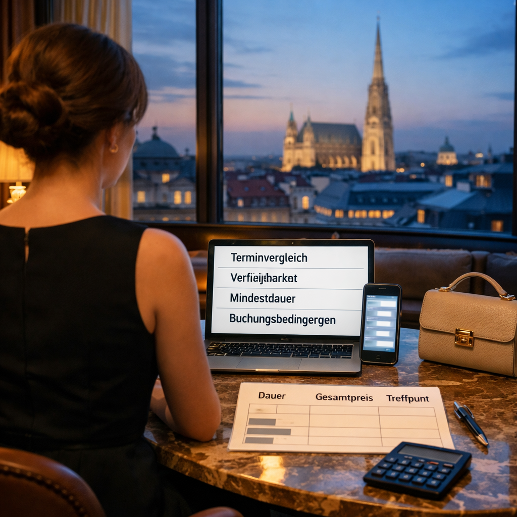 Frau prüft im Wiener Hotellounge diskrete Buchungsdetails; Laptop mit „Terminvergleich“. Beste Günstige escort in Wien.