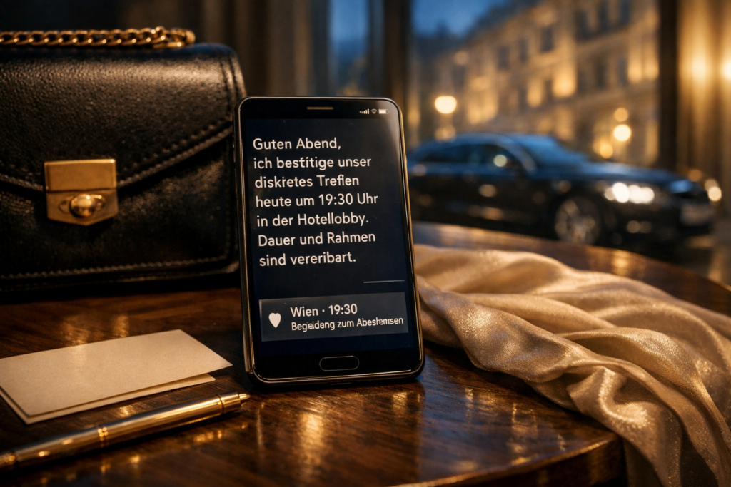 Smartphone mit diskretem Wiener Abendtermin neben schwarzer Handtasche; u201eVienna escort of your dreamsu201c auf dem Tisch.