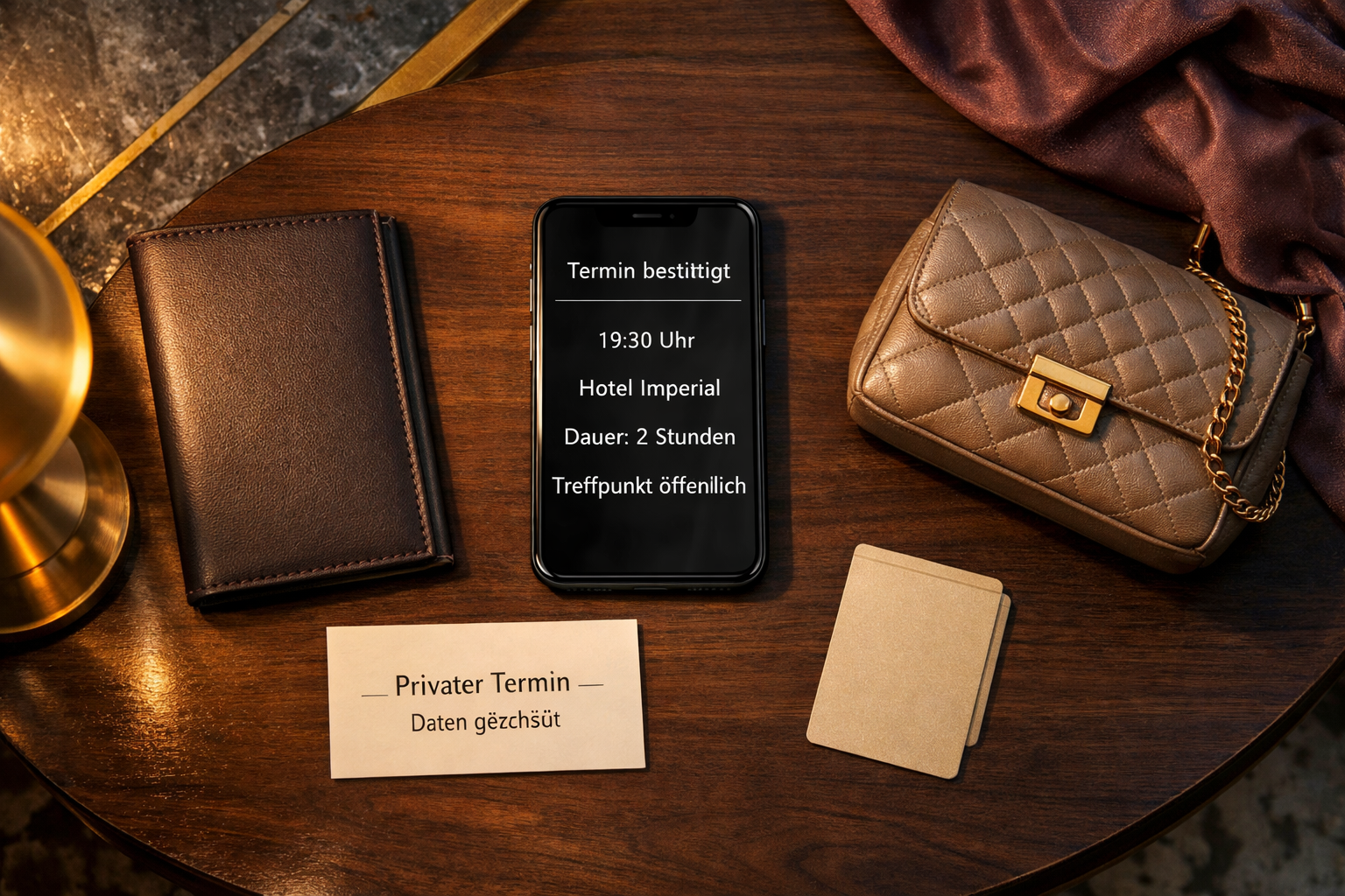 Diskrete Terminplanung in Wiener Hotellobby: Smartphone mit Buchungsnotizen, Notizbuch und Karte „Vienna escort of your dreams“.
