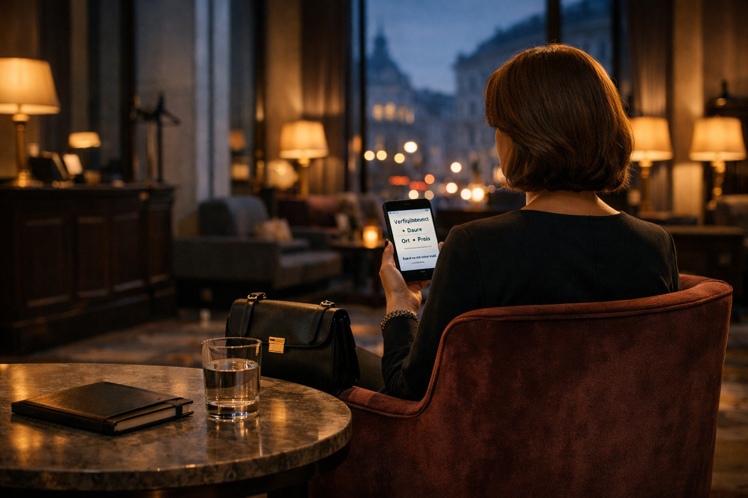 Wiener Hotellobby: Frau von hinten prüft diskrete Buchungsnotizen am Smartphone – Vienna escort of your dreams.