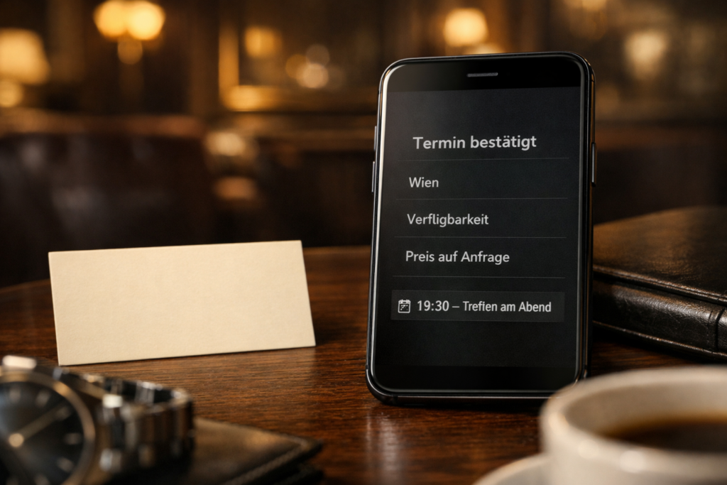 Smartphone mit u201eTermin bestu00e4tigtu201c neben Kontaktkarte im Wiener Hotellounge-Ambiente; vermittelt Escorts mit stiller Diskretion.