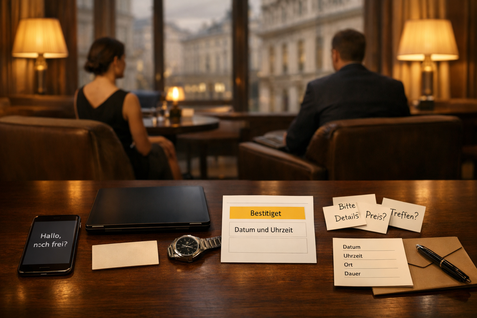 Vermittelt Escorts mit still: Wiener Hotellounge mit anonymen Terminnotizen, Smartphone und diskretem Beratungstisch.