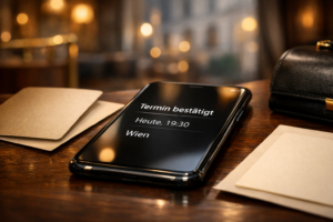 Smartphone mit u201eTermin bestu00e4tigtu201c neben edler Hotelausstattung in Wiener Lobby; Ihre high class escort symbolisch angedeutet.