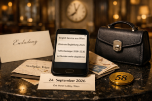 Smartphone mit u201eBegleit service aus Wienu201c, Terminbestu00e4tigung, Kalenderkarte und Wiener Hotellobby im Hintergrund.