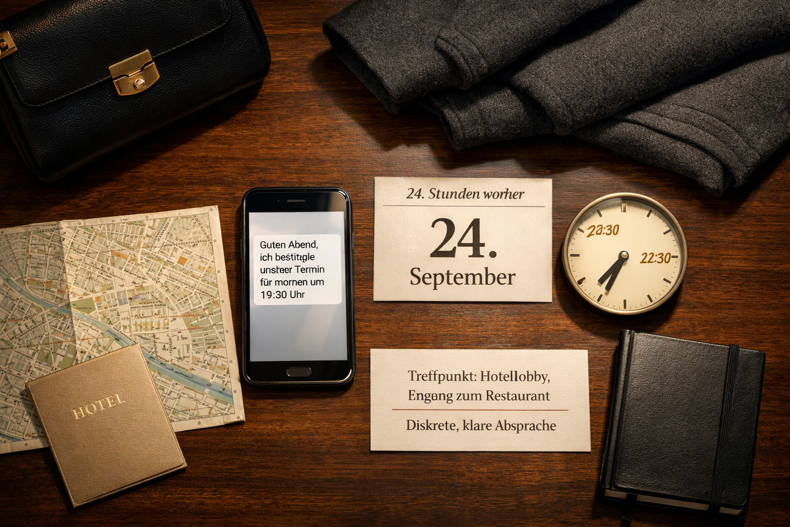 Flache Ordnung mit Handy-Termin, Wiener Stadtplan, Hotellobby-Notiz, Uhr und Accessoires – Begleit service aus Wien