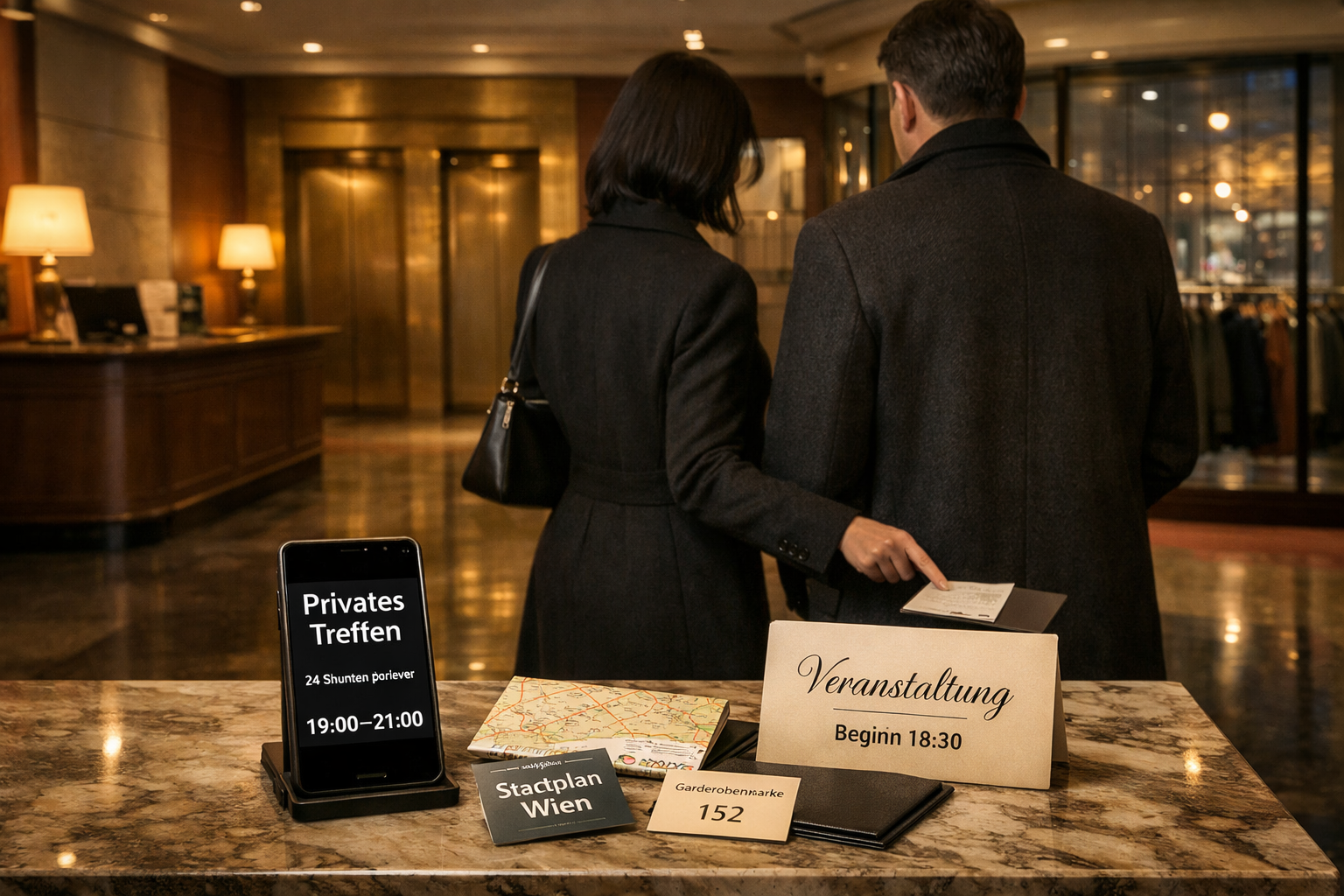 Wiener Hotellobby: zwei Erwachsene planen getrennte Termine; Smartphone und Einladung zeigen Zeiten. Begleit service aus Wien