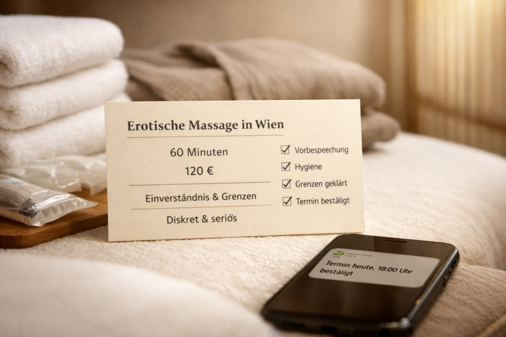 Makrofoto: Karte mit u201eErotische massageu201c, Preis, Dauer, Einverstu00e4ndnis und Checkliste neben Handtu00fcchern und Smartphone.
