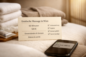 Makrofoto: Karte mit u201eErotische massageu201c, Preis, Dauer, Einverstu00e4ndnis und Checkliste neben Handtu00fcchern und Smartphone.