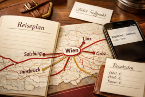Reiseplan mit Wien-Karte, Routen, Smartphone-Termin und Gepu00e4ckanhu00e4nger; Escort Agentur in Wien unsere escort Wien ist doch nicht nur auf Wien Beschru00e4nkt