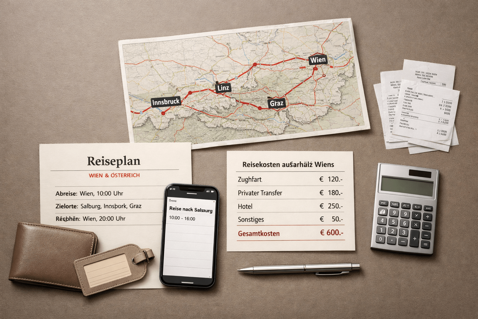 Draufsicht auf Reise- und Kostenplanung von Wien durch Österreich; Text: „Escort Agentur in Wien unsere escort Wien ist doch nicht nur auf Wien Beschränkt“.