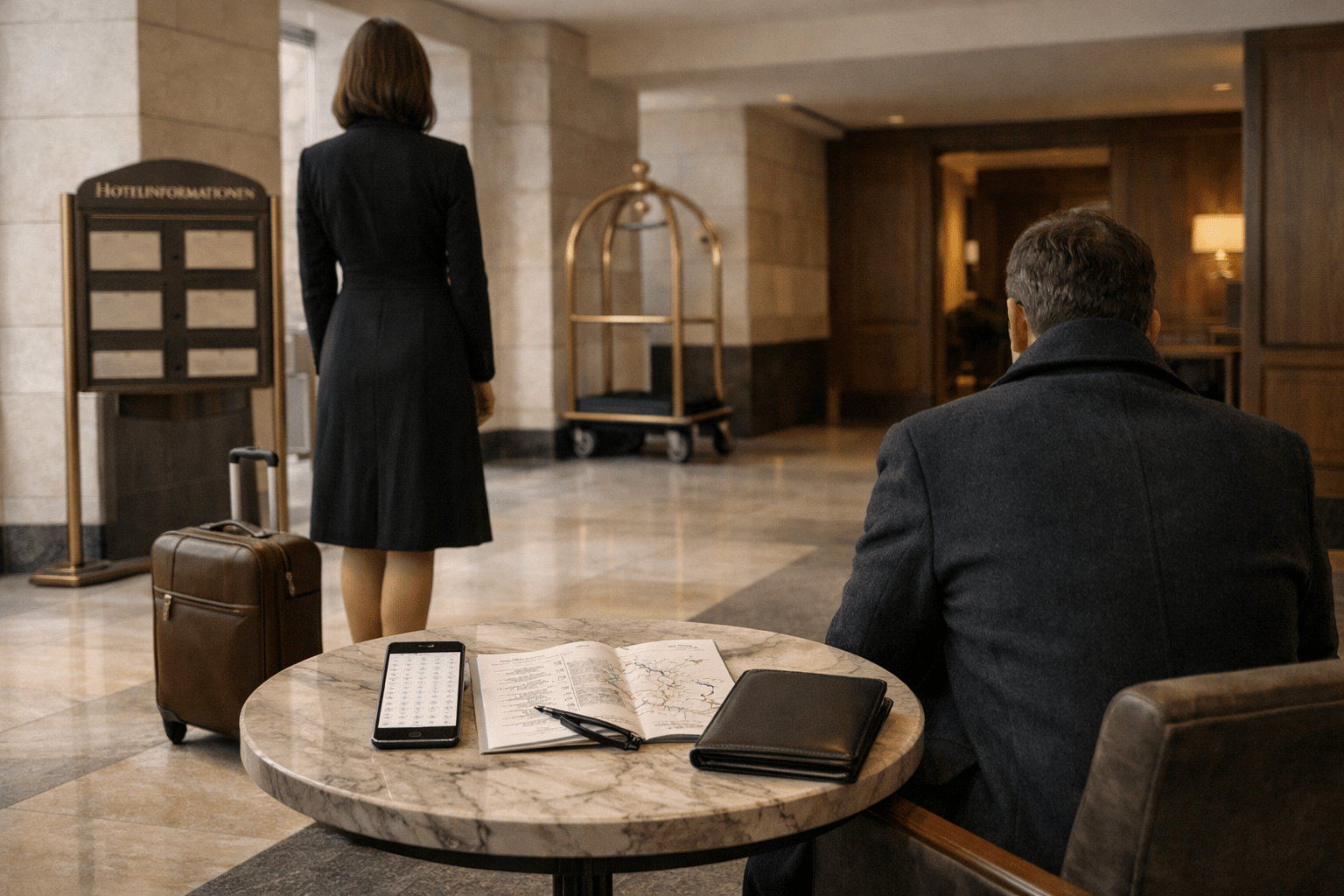 Elegante Wiener Hotellobby: Begleitung mit Koffer und Reiseplan gegenüber einem Gast; Escort Agentur in Wien unsere escort Wien ist doch nicht nur auf Wien Beschränkt