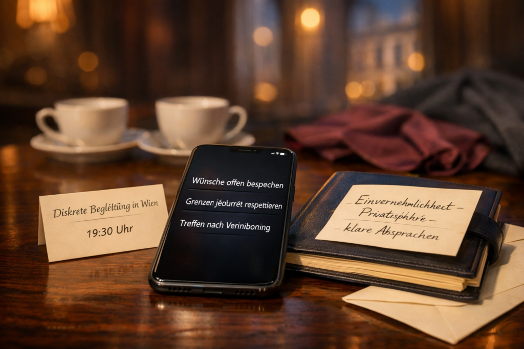 Smartphone mit klaren Grenzen und Terminnotizen neben Kaffee im Wiener Hotellounge; Lust ohne Tabus erleben.