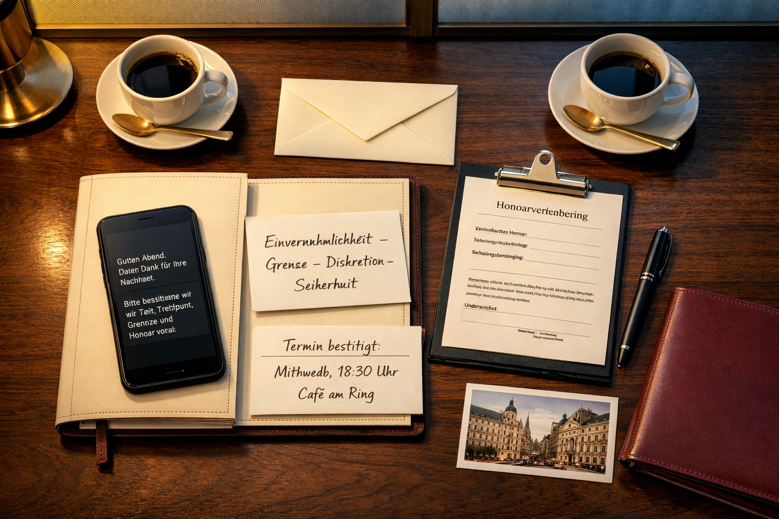 Overhead: Wiener Lounge-Tisch mit Smartphone, Nachrichten, Terminplaner, Diskretionskarten und Kaffee; Lust ohne Tabus erleben