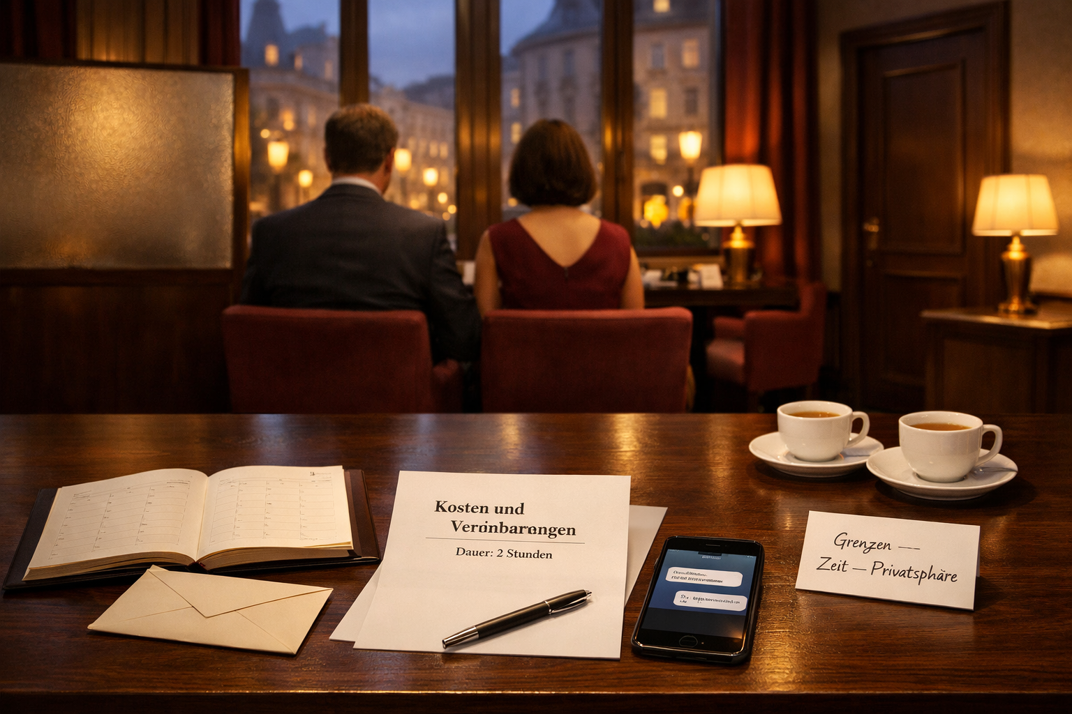 Wiener Hotellounge mit Planer, Vereinbarung und zwei anonymen Gästen; diskrete Atmosphäre: Lust ohne Tabus erleben
