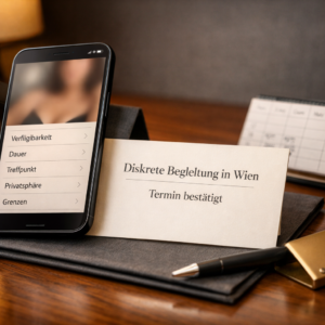Diskreter Buchungsdesk in Wien mit Smartphone, bestu00e4tigtem Termin und Kalender; Escort Vienna agency, deutsche Privatsphu00e4re-Labels.