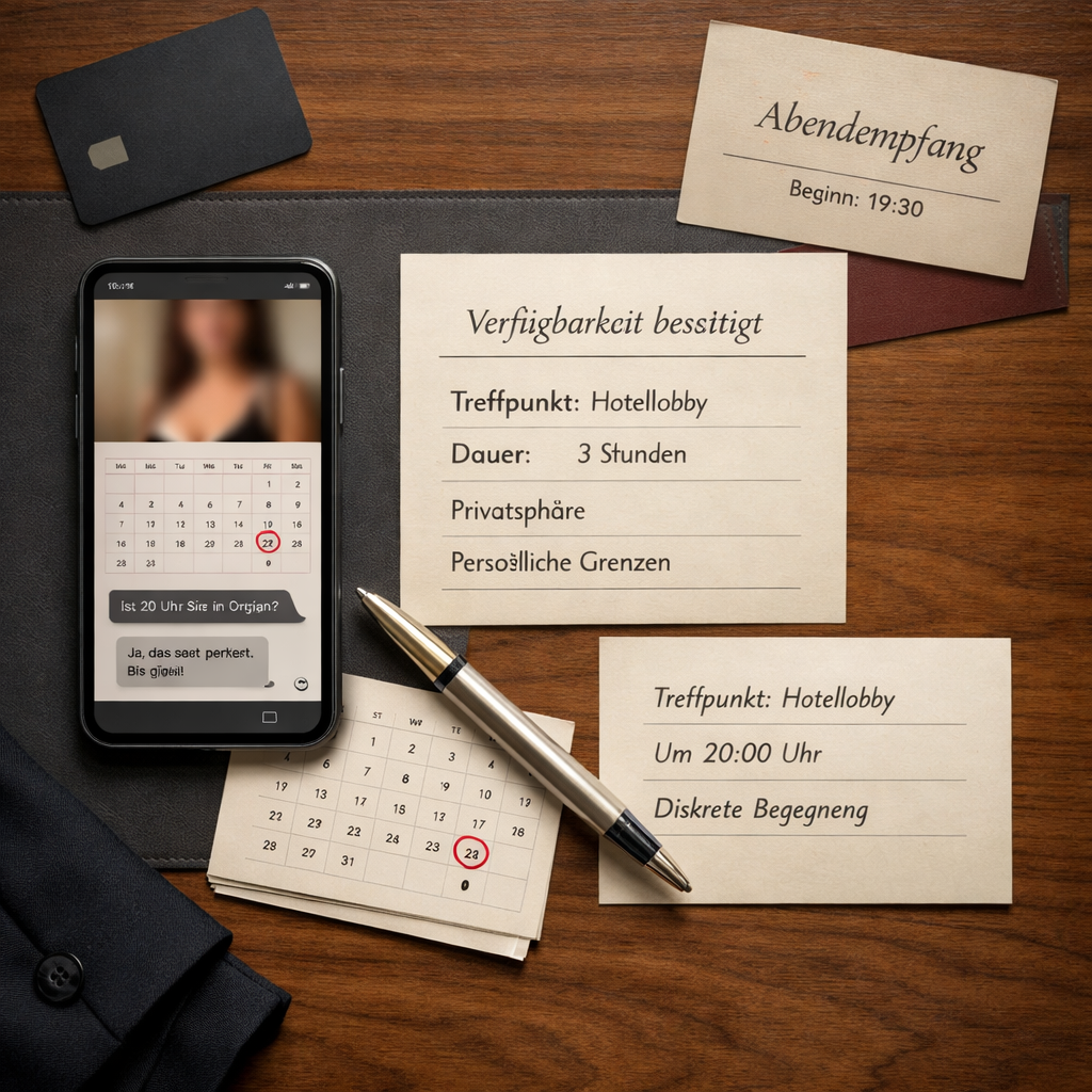 Flache Ansicht eines Wiener Hoteldesks mit Smartphone, Bestätigungskarten, Kalender und Stift; Escort Vienna agency, diskrete Terminplanung.