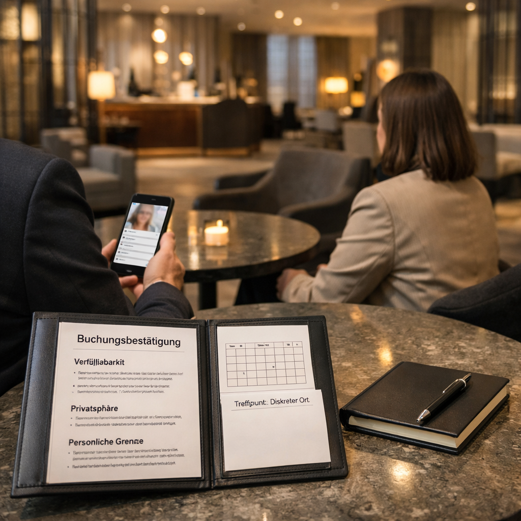 Escort Vienna agency: Elegante Wiener Hotellounge mit diskreter Buchungsbestätigung, Smartphone, Kalender und zwei vollständig bekleideten Erwachsenen ohne erkennbare Gesichter.