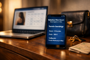 Smartphone mit Bestu00e4tigung von u201eBabyblue Wien Escortu201c, 2 Stunden fu00fcr 300 u20ac; Laptop und Wiener Wohnung im Hintergrund.