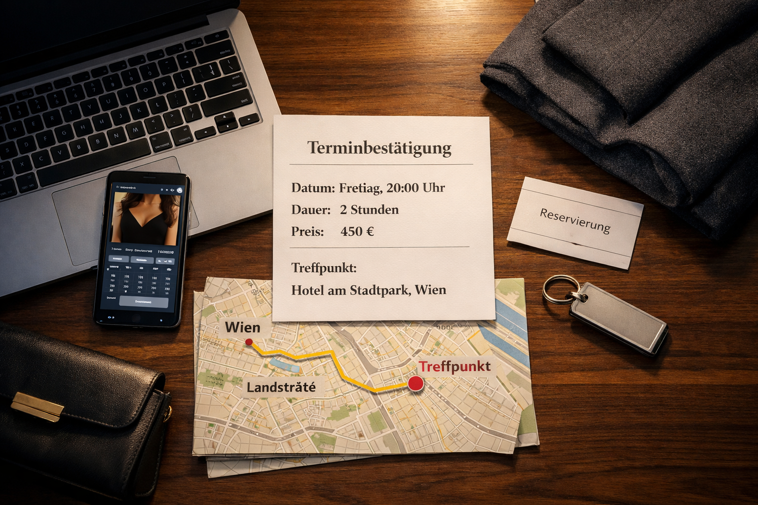 Draufsicht mit Terminbestätigung, Wien-Karte, Smartphone und Laptop; Babyblue WIen Escort ist eine Escort-Agentur in Wien mit Escort-Service in Österreich