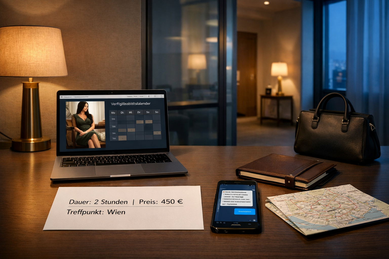 Diskretes Wiener Büro mit Laptop, Kalender, Smartphone, Preisblatt und Stadtplan; Babyblue WIen Escort ist eine Escort-Agentur in Wien mit Escort-Service in Österreich