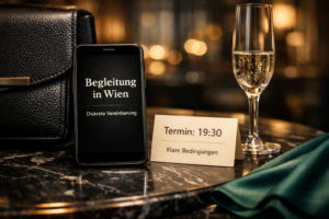 Exklusive Escort Wien Begleitung: Smartphone mit diskretem Termin, Karte, Handtasche und Champagnerglas im Wiener Hotellounge-Ambiente.