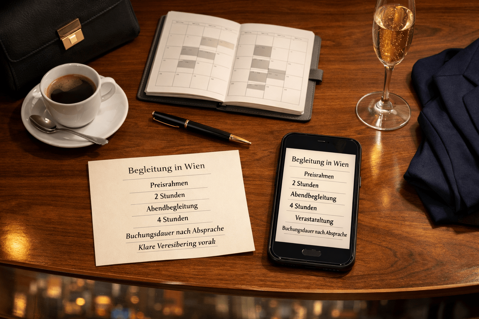 Exklusive Escort Wien Begleitung: Terminplaner, Smartphone und Karte mit diskreten Buchungsangaben auf elegantem Hoteltisch.