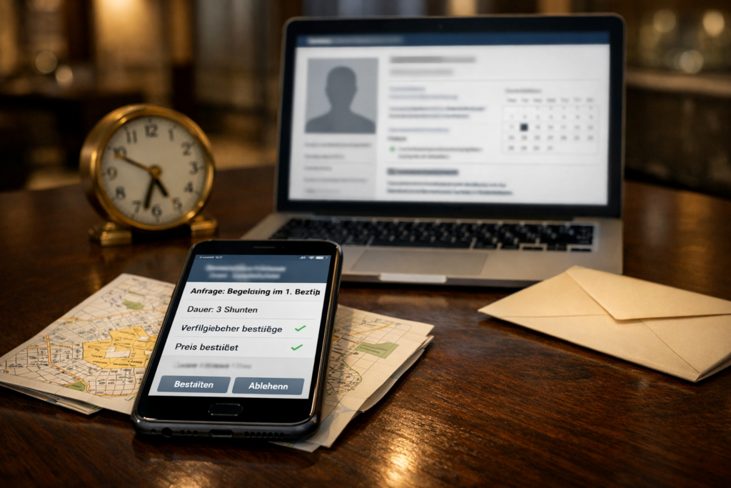 Smartphone mit Wienkarte und Terminbestu00e4tigung u201eEscort Inere Stadtu201c neben Laptop, Uhr und Umschlag auf dunklem Holztisch.