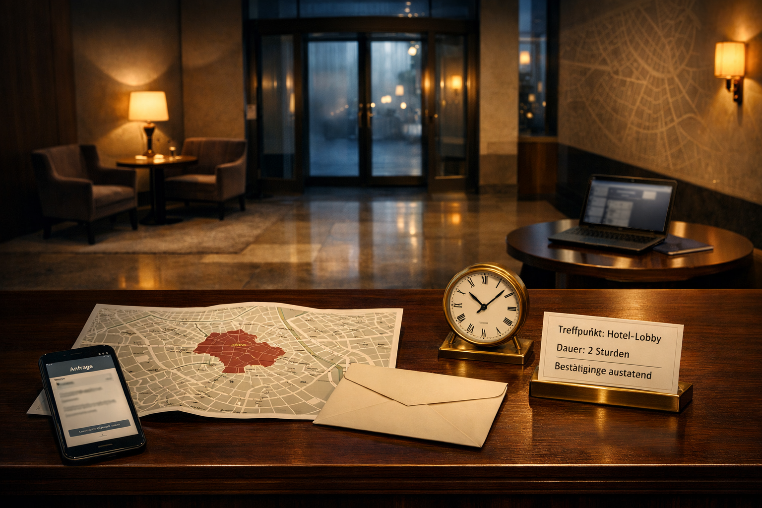 Elegante Wiener Hotellobby mit Treffpunkt-Unterlagen, Stadtplan und Smartphone; ruhige Abendstimmung, diskret für Escort Inere Stadt.