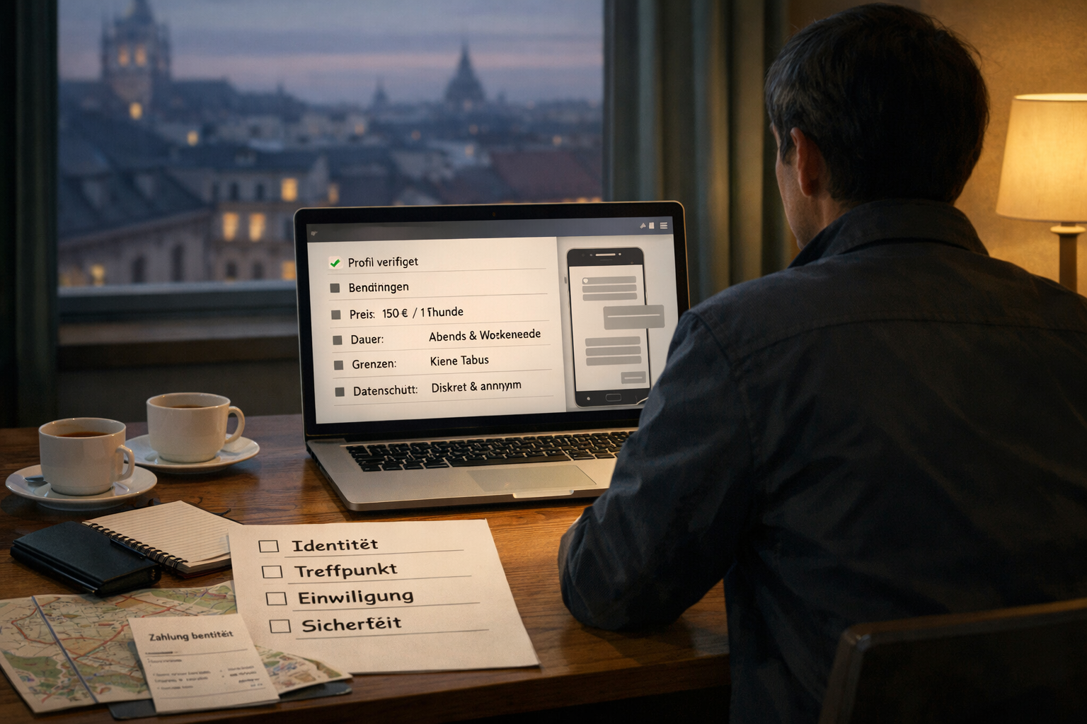 Person prüft diskret ein Escort-Profil, Sicherheitscheckliste und Wien-Karte; Hinweise zu Datenschutz und Kontakte mit Sex am Laptop.
