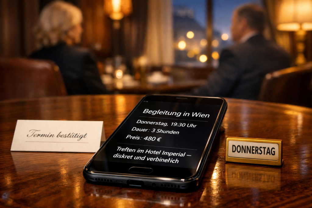 Smartphone mit diskretem deutschen Hoteltermin in Wien, Begleitkarte und Kalender; Vienna Begleitung Ihrer Tru00e4ume.