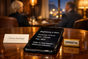 Smartphone mit diskretem deutschen Hoteltermin in Wien, Begleitkarte und Kalender; Vienna Begleitung Ihrer Tru00e4ume.