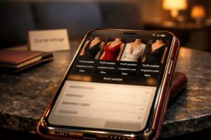 Smartphone mit u201eEscort galerie fu00fcr escort begleit serviceu201c und anonymen Profilen in Wiener Hotellounge, Verfu00fcgbarkeit unbestu00e4tigt.