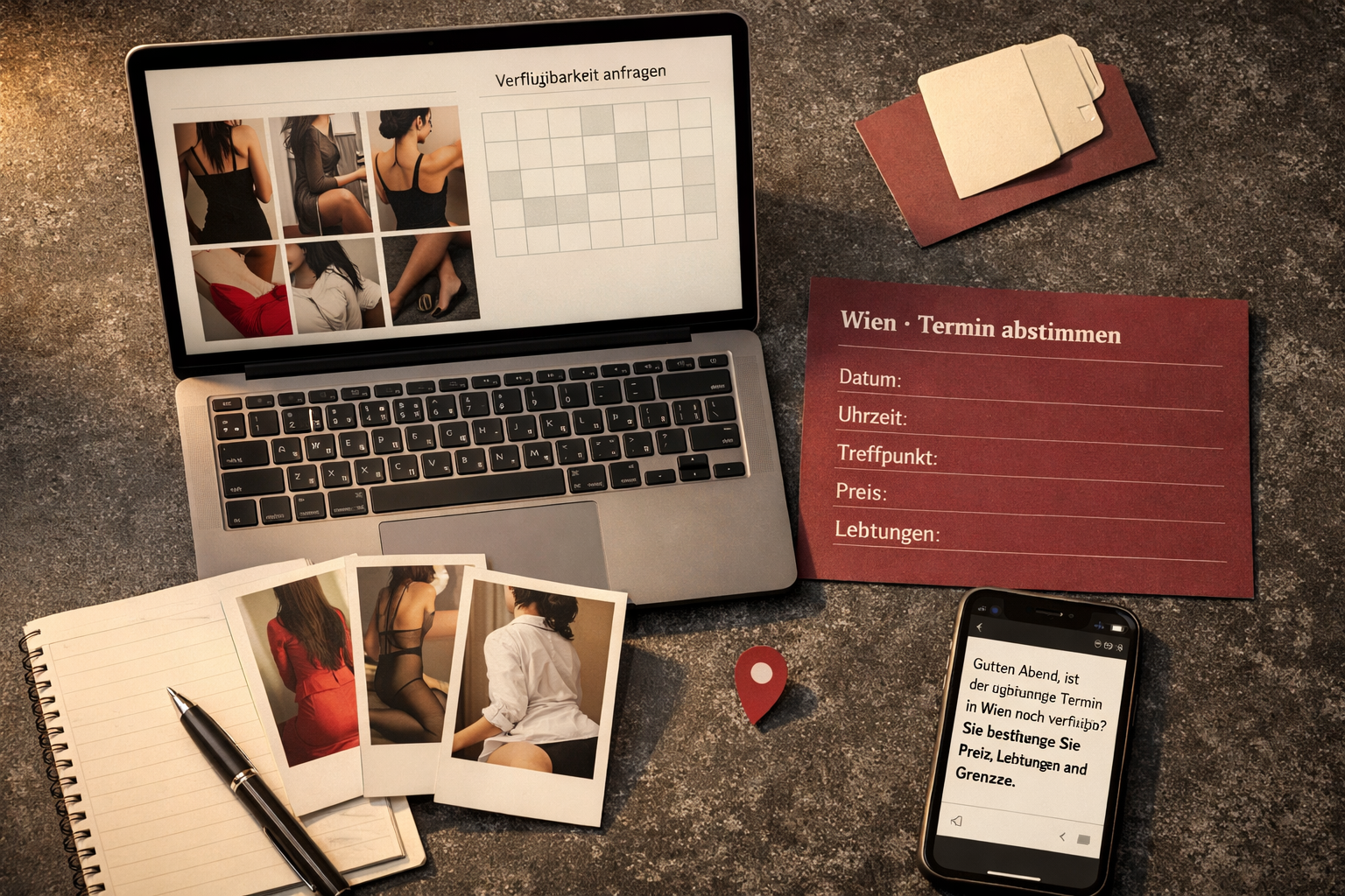 Vogelperspektive auf diskrete Wiener Terminplanung mit Laptop-Profilen, Kalender, Nachricht und Notizen: Escort galerie für escort begleit service