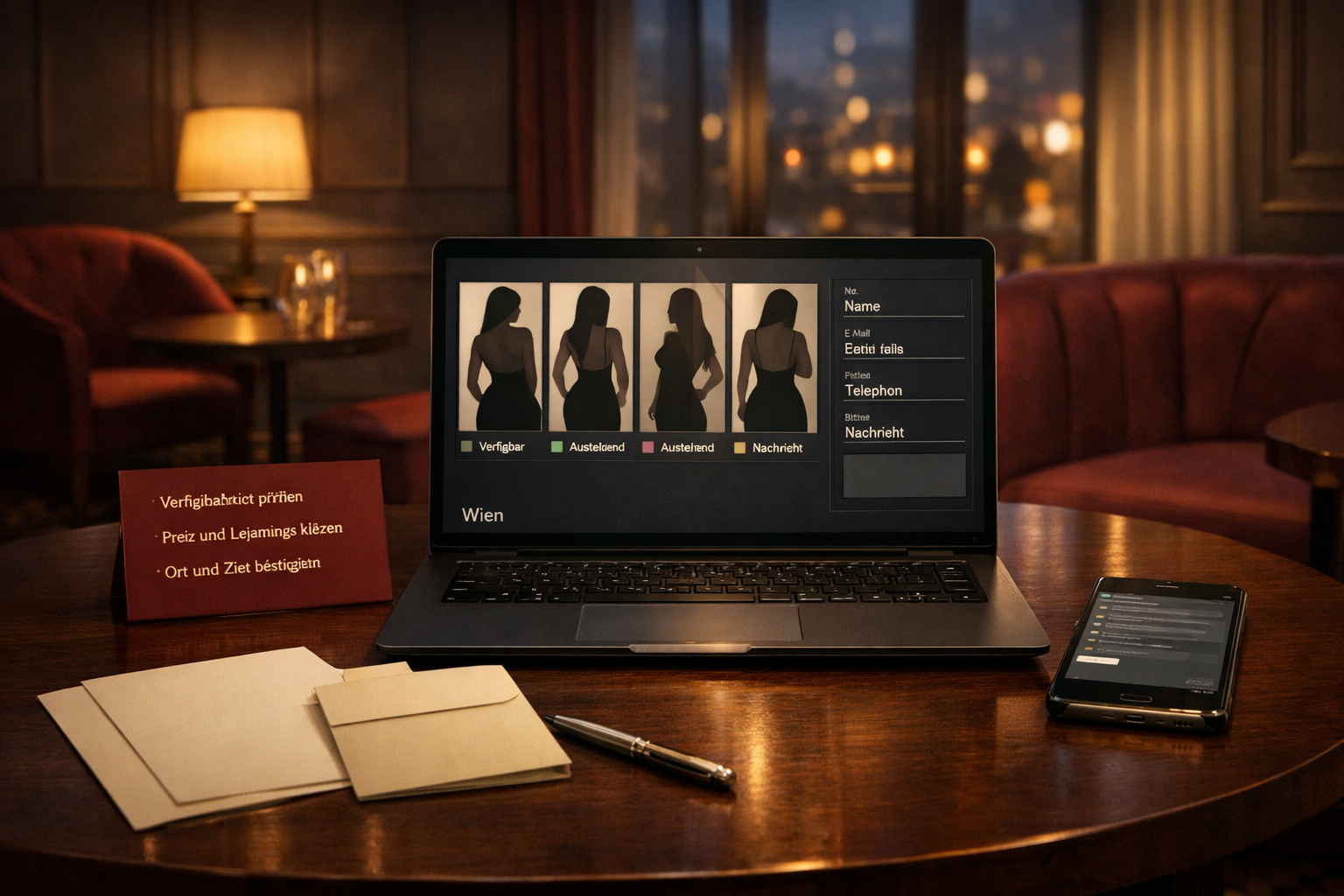 Wiener Hotellounge mit Laptop, Escort galerie für escort begleit service, offenen Profilen, Notizen und unbestätigten Angaben.